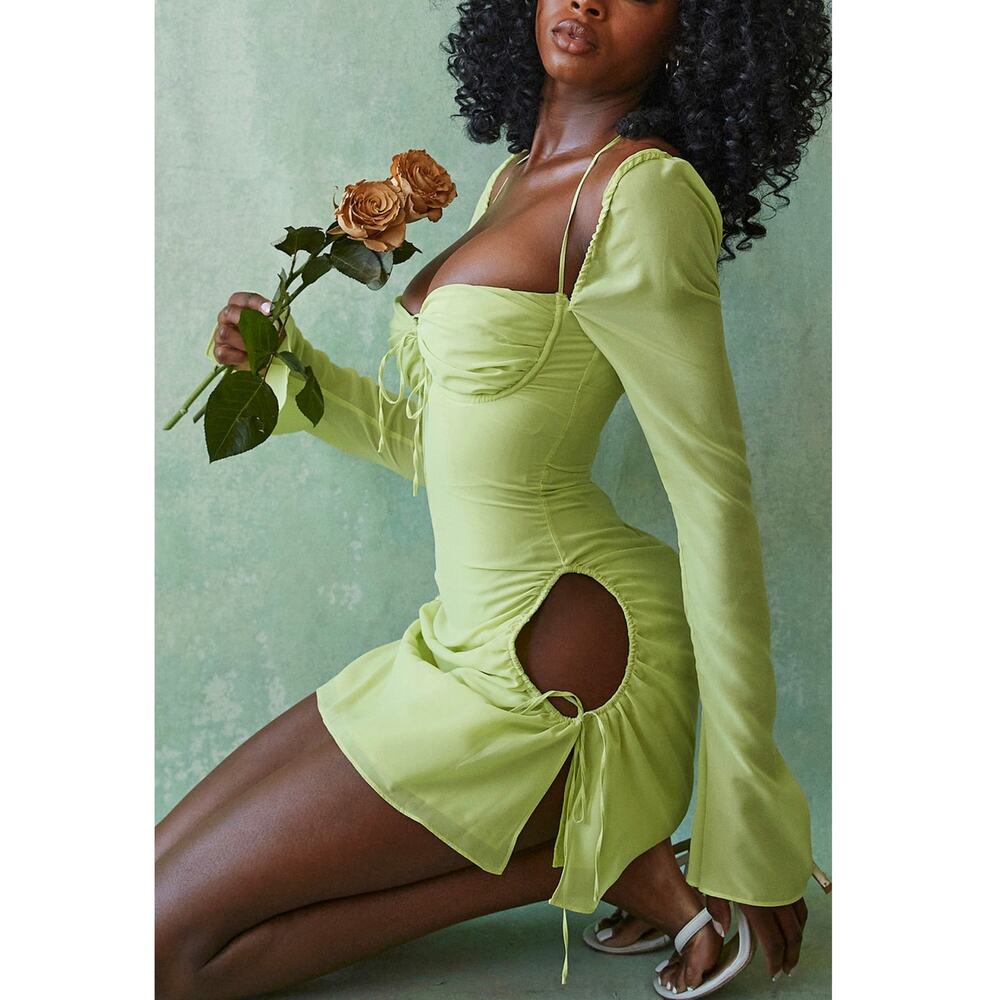 NWT House of CB Baby Lime Chiffon Halter Mini Dress Size S